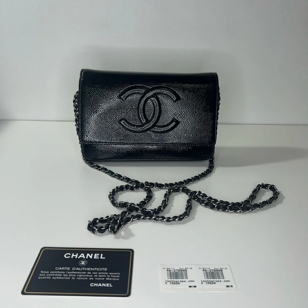 CHANEL | Black Patent Caviar Leather Wallet on Chain